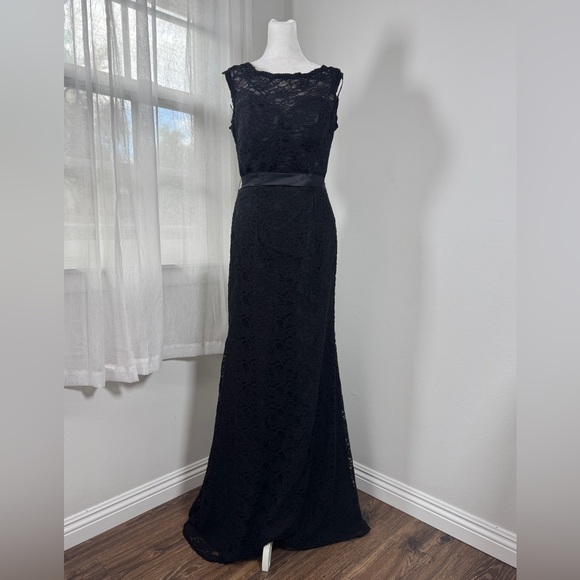 Morilee by Madeline Gardner Black Satin Tie Sash Cap Sleeve Deep V-Back Gown - Picture 4 of 13